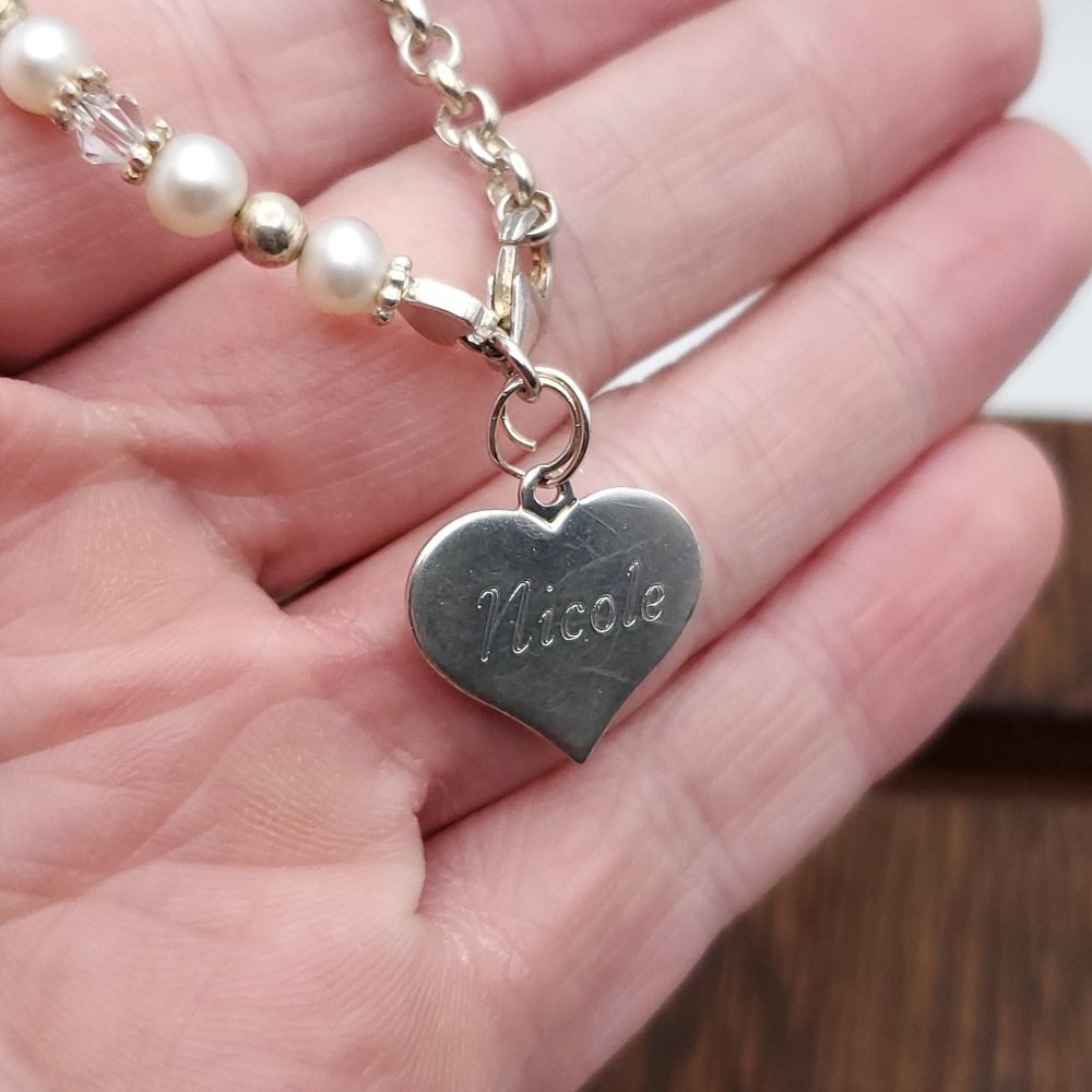 7 Inch 925 Sterling Silver Nicole Heart Charm With Real Pearls Bracelet